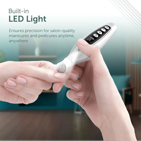 Close-up of No Sweat Cordless Electric Nail File Drill Kit With Salon Grade Manicure Pedicure Set for cuticle care with LED light.