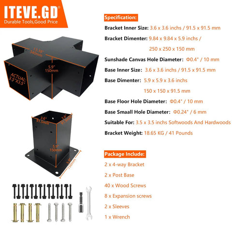 Pergola Diy Kit 4x4 With 5 Way Wood Bracket And Post Anchor, Black Powder Coated Elevated Wood Stand For Beams, Perfect For Pergolas And Gazebos, Inner Size 3.5x3.5, Heavy Duty Steel Frame