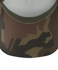 Top view of Forklift Operator Warehouse Statement Trucker Hat With Adjustable Mesh Back in camo green, showcasing the brim detail.