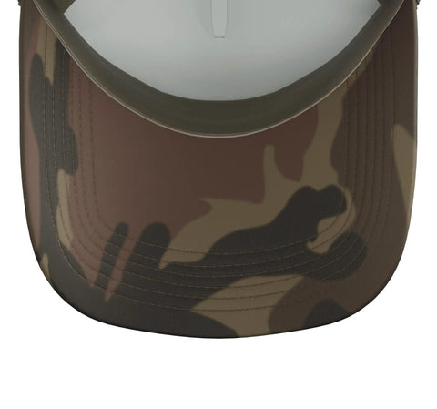 Top view of Forklift Operator Warehouse Statement Trucker Hat With Adjustable Mesh Back in camo green, showcasing the brim detail.