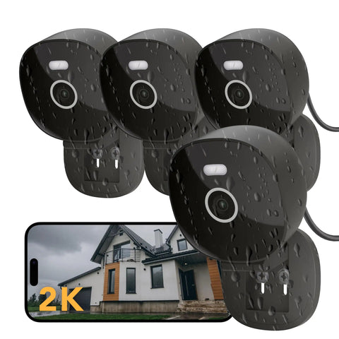 2K Wired Security Camera for Indoor and Outdoor Use with IP65 Weatherproof and Color Night Vision, shown with smartphone display