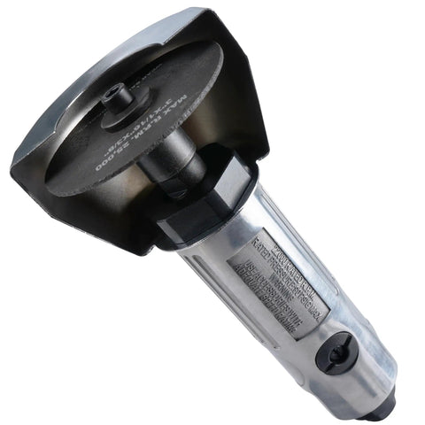 3 Inch Air Cut Off Tool Kit With 18,000 RPM Pneumatic Cutter, Die Cast Aluminum Body, 26 Cutting Wheels Set Including 25 Extras And 1 Installed, Pro Grade Gear For Metal, Auto, And DIY Projects. close-up of 3-inch cut-off wheel and die-cast aluminum body