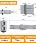 Specifications diagram of IP68 Waterproof 50 Amp Battery Quick Connect and Disconnect Kit for 6 to 8 Gauge Jumper Cables.