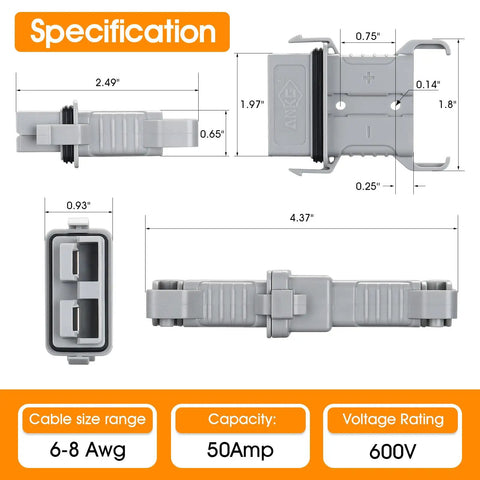 Specifications diagram of IP68 Waterproof 50 Amp Battery Quick Connect and Disconnect Kit for 6 to 8 Gauge Jumper Cables.