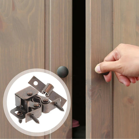 20 Pcs Cabinet Door Catches Double Roller Push Release Latches for kitchen cabinets shown with a hand opening a wooden door