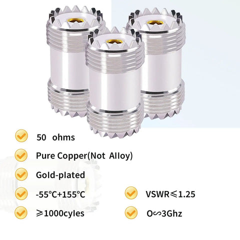 Three Pack Double Female UHF PL259 SO239 Coax Adapter Set For CB Ham Radio Antennas And SWR Meters 50 Ohm Copper Nickel Gold Plated Connectors