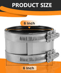 Heavy Duty 6 Inch No Hub Couplings 50 Pack 304 Stainless Steel DWV Pipe Connectors showing product size with rubber gasket.