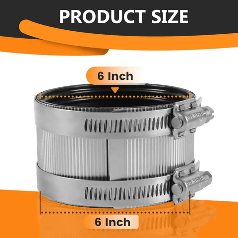 Heavy Duty 6 Inch No Hub Couplings 50 Pack 304 Stainless Steel DWV Pipe Connectors showing product size with rubber gasket.