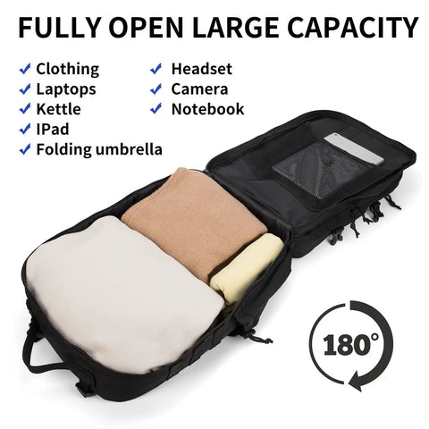 Rugged Tactical Backpack 25L 30L 35L 45L Waterproof Outdoor Daypack fully open showing large capacity with organized gear inside
