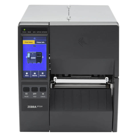 Slick ZT231 Upgraded Thermal Transfer Industrial Printer For Business Labeling displaying a color touchscreen and control buttons.