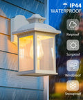 Dusk To Dawn Outdoor Wall Lantern With Sensor Waterproof Porch Light Easy Install Fixture E26 Socket 3000K LED Edison Filament Bulb Included Anti Corrosion White Plastic Frame Weatherproof Sconce displayed during rain