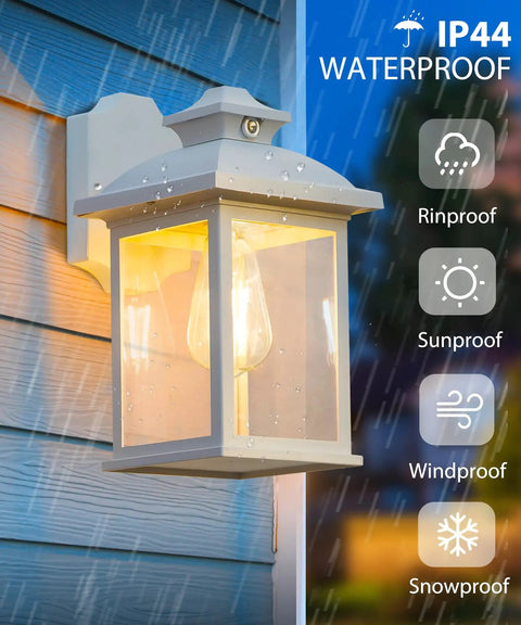 Dusk To Dawn Outdoor Wall Lantern With Sensor Waterproof Porch Light Easy Install Fixture E26 Socket 3000K LED Edison Filament Bulb Included Anti Corrosion White Plastic Frame Weatherproof Sconce displayed during rain