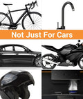 Black Car Scratch Repair Pen Quick Fix for Light Scratches Swirl Marks and Scuffs Portable Touch Up Paint Pen for Cars Weatherproof Seamless Finish 2 Pack shown with various black items like a car, motorcycle, and helmet.