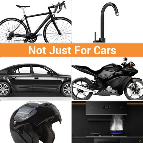 Black Car Scratch Repair Pen Quick Fix for Light Scratches Swirl Marks and Scuffs Portable Touch Up Paint Pen for Cars Weatherproof Seamless Finish 2 Pack shown with various black items like a car, motorcycle, and helmet.