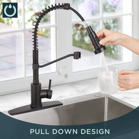 Black Kitchen Faucet With Pull Down Sprayer, Single Handle Sink Faucet shown with a glass under the sprayer by a window.