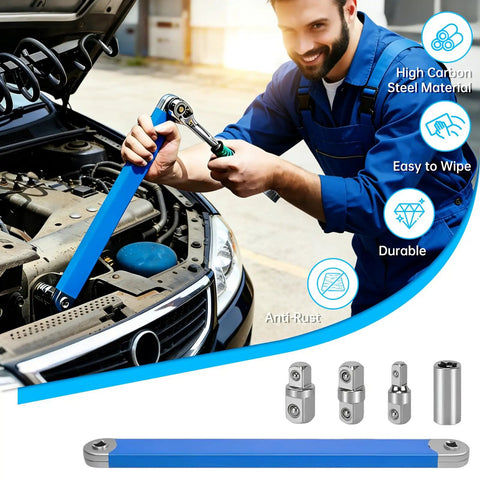 Mechanic using Offset Extension Wrench Set With 15 Inch Reach, Impact Ready Socket Wrench Kit Includes Quarter Inch, Three Eighths Inch, And Half Inch Square Drive Adapters, Zero Degree Ratchet For Tight Spaces, Gearhead Ready For Car Repairs And Engine Bay Access, with adapters shown.