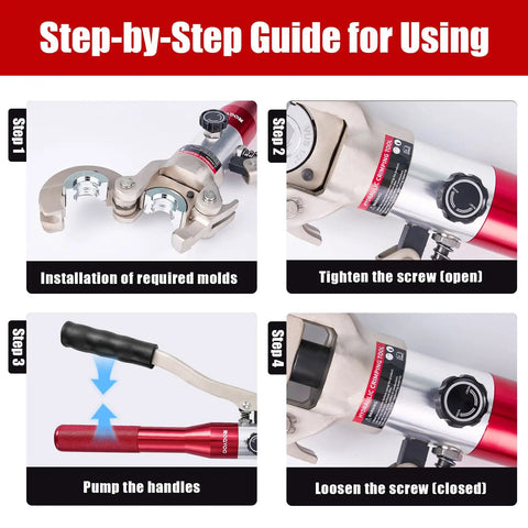 Hydraulic Copper Propress Tool For Fast 6 Ton Pipe Crimping In HVAC Pro Grade Multi Diameter Capability For Copper And Aluminum Tubes Ergonomic Grip For Quick Hex Crimps, step guide