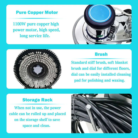 Heavy Duty Floor Polisher And Buffer For Commercial Use with information about copper motor, brush, and storage features.