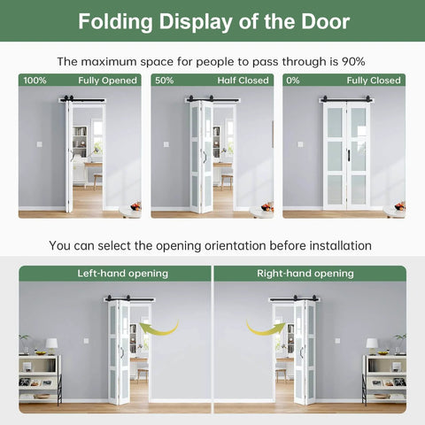 Image showing Double 18x84 White Frosted Glass Bifold Barn Door Set, 36x84 Inch With 40 Inch Hardware Kit Included in various open positions and orientations.