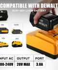 20V Quick Charger Replacement For Dewalt DCB104 Four Port Battery Charger Station shown with battery compatibility chart.