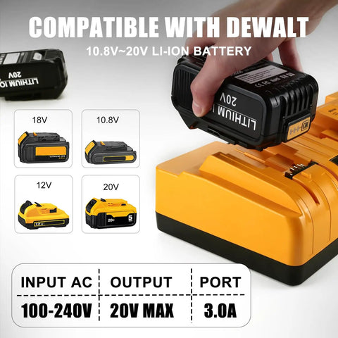 20V Quick Charger Replacement For Dewalt DCB104 Four Port Battery Charger Station shown with battery compatibility chart.
