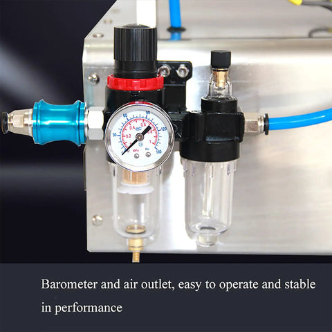 Top Notch Pneumatic Liquid Filling Machine With 30 Liter Hopper And Single Nozzle Piston Head air outlet and barometer for accurate performance.
