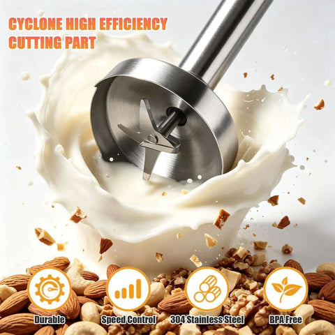 800W Corded Handheld Immersion Blender With Four Sharp Stainless Steel Blades Multi Speed Controls And One Touch Pulse For Effortless Soups And Smoothies Made Easy By This Heavy Duty Kitchen Game Changer Black, showcasing stainless steel blender blade in motion.