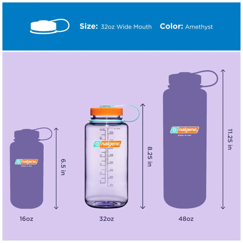 Image of three amethyst Nalgene bottles, featuring 32 Oz Wide Mouth Water Bottle For Hiking And Gym Use BPA Free Durable Leak Proof