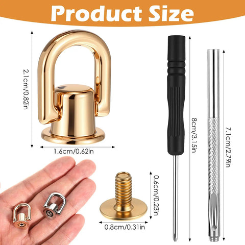 4 Pcs D Ring Hardware Kit For Purses And Bags 360 Degree Rotatable D Ring Studs Gold with size comparison and tools