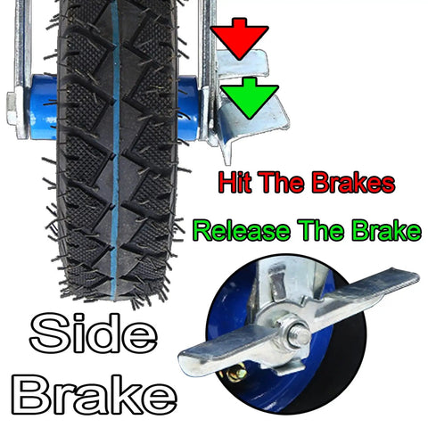Close-up of Heavy Duty Rubber Wheel Casters With Pneumatic Tires And Swivel Brake showing tire tread and side brake mechanism.