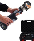 Hiedmeil Upgraded 120KN Electric Hydraulic Cable Lug Crimping Machine Rechargeable Terminal Pliers held with connector in hand.