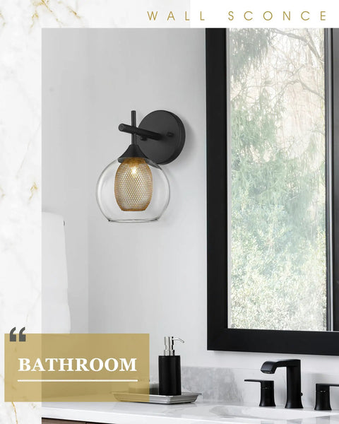 Black Wall Sconce Set Of 2 Dope Vanity Light Fixtures With Clear Glass Globes And Honeycomb Metal Shade in Bathroom