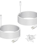 Two 30 Ft USB A To USB C Cable Extension For Wyze Duo Cam Pan Outdoor Security Camera with flat aluminum plugs and clips included.