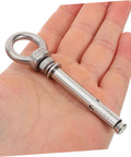 Heavy Duty Stainless Steel Eye Bolts Hanger Kit 5 Piece For Secure Lifting And Suspension Ideal For Yoga Swings Hammocks And Heavy Equipment Installations Durable Easy To Install Safety Hardware, one anchor bolt in hand