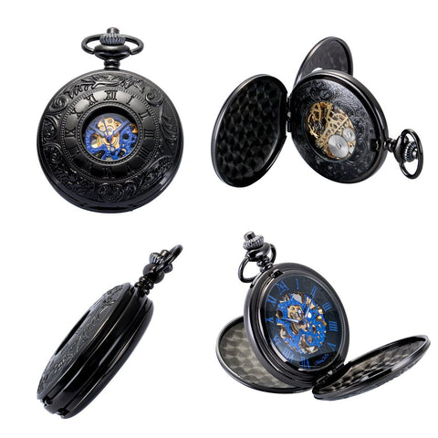 Mechanical Skeleton Pocket Watch With Roman Numerals Dial, Double Cover, Half Hunter, Box And Chain, Old School Vibe For Men And Women In Black Blue Gift Ready