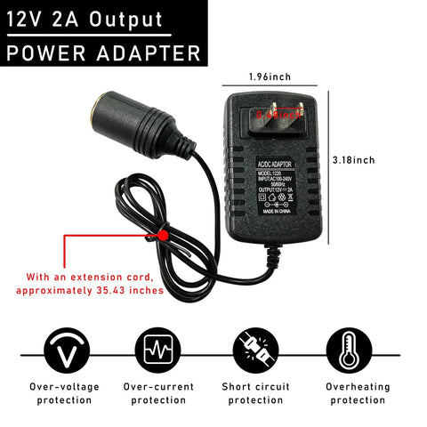 Solid Build AC To DC Converter 100-240V To 12V 2A 24W With Car Cigarette Lighter Plug, showing power adapter with extension cord.