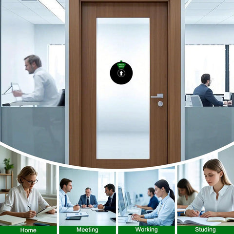 Office Door Sign With Six Status Options Do Not Disturb Please Knock In A Meeting Working Remotely Back Soon Out Of Office in an office setting