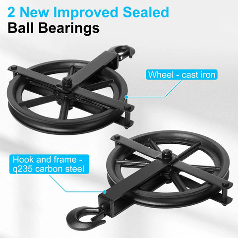 Aunocy 12 Inch Heavy Duty Scaffolding Pulley Hoist with Precision Ball Bearings for quiet lifting, showing cast iron wheel and carbon steel hook.