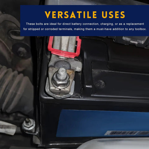 Four Piece Side Battery Terminal Bolts Featuring 3/8 Inch 16 Thread Fitment And Heavy Duty Carbon Steel Battery Post Extension Screws For Cars installed on battery.