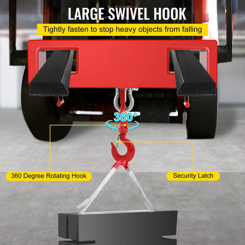 Red Forklift Lifting Hook 4400 LB Capacity Heavy Duty Hoist With Swivel Hook Two Large T Screws Forklift Lifting Attachment For Mobile Crane Use Durable Carbon Steel Powder Coated on forklift forks