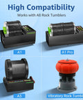 Display of various rock tumblers: A1, A1 Pro, A3, and Vibratory Rock Tumbler for 10Lb Rock Tumbler Grit And Polish Refill Kit use.