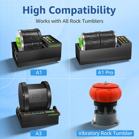 Display of various rock tumblers: A1, A1 Pro, A3, and Vibratory Rock Tumbler for 10Lb Rock Tumbler Grit And Polish Refill Kit use.
