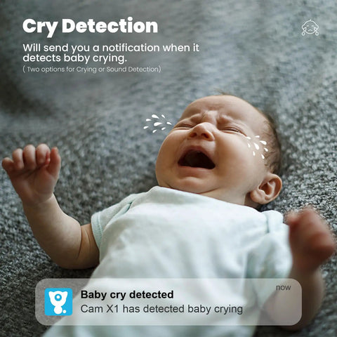 Crying baby lying on bed with 2K Indoor Security Camera With 360 Degree Pan Tilt Motion Alerts Pet Camera Baby Monitor notification.