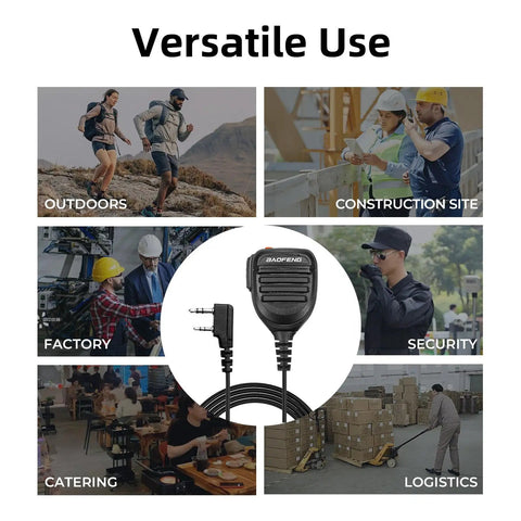 Universal Walkie Talkie Microphone for Ham Radios with High Fidelity Sound and 360 Rotating Clip in versatile use environments.