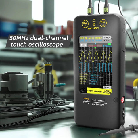 On-The-Go Handheld Oscilloscope With 3.98 Inch Touchscreen Dual Channel 50MHz Bandwidth And Signal Generator, close-up view