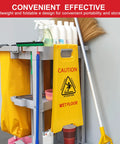 Three Pack 25 Inch Two Sided Wet Floor Caution Signs A Frame Fold Out Bright Yellow Multilingual Safety Warnings on cleaning cart