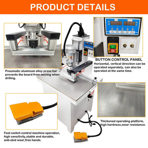Heavy-Duty Pneumatic Hinge Boring And Drilling Machine with adjustable depth and control panel for woodworking.