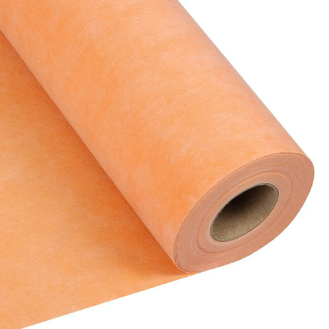 Beefed Up Waterproof Membrane Roll 430 Sq Ft 20 Mil Thick 3.3 By 131 Feet PE Fabric Tile Underlayment Orange roll close-up