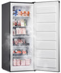 Your Go To Kitchen Game Changer 7 Cubic Foot Convertible Upright Freezer And Refrigerator In Silver filled with frozen food.