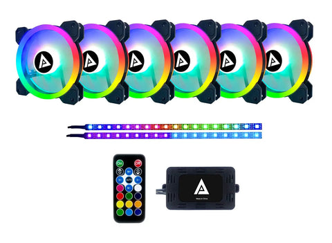 Dope Silent 120mm Dual Ring RGB LED Case Fan With Remote Control 28 Addressable LEDs Anti Vibration Rubber Pads Includes Two 12 Inch Magnetic LED Strips Color Changing Lights For PC Builds Six Plus Two Pack shown with components
